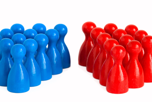 Blue figures standing opposite red figures