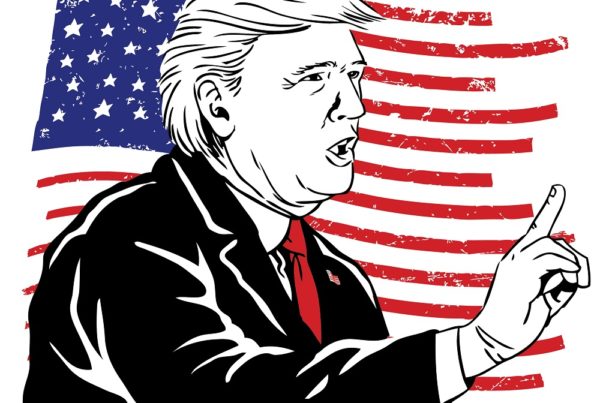 illustration of Donald Trump gesturing in front of American flag