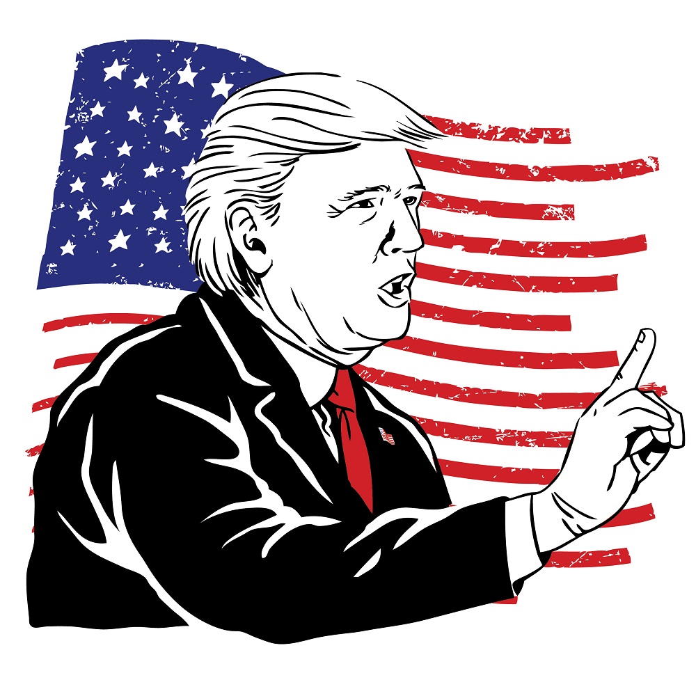 illustration of Donald Trump gesturing in front of American flag