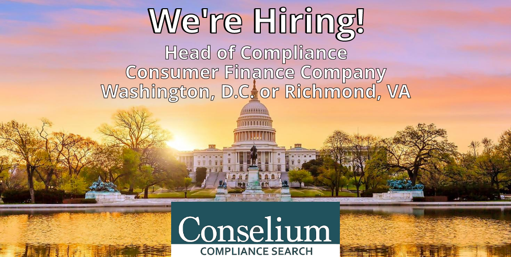 Head of Compliance, Consumer Finance Company, Washington, D.C. or Richmond, VA